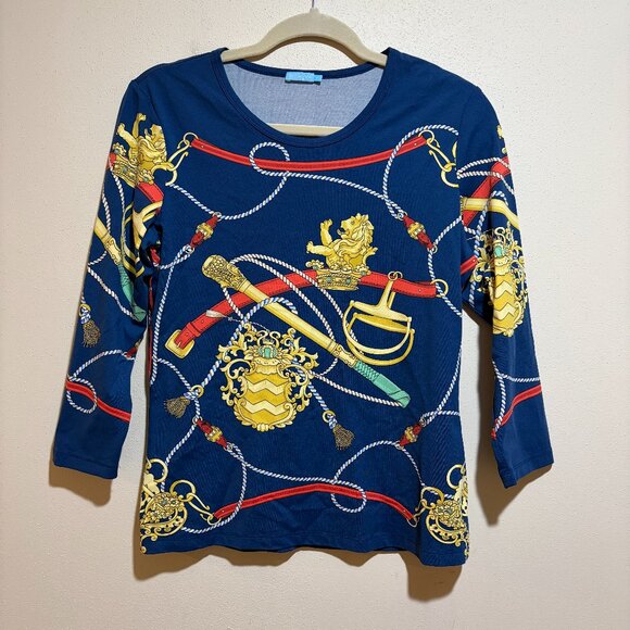 J McLaughlin Catalina Cloth Blue Equestrian Lion Rope Signature 3/4 Sleeve Tee - Picture 2 of 13